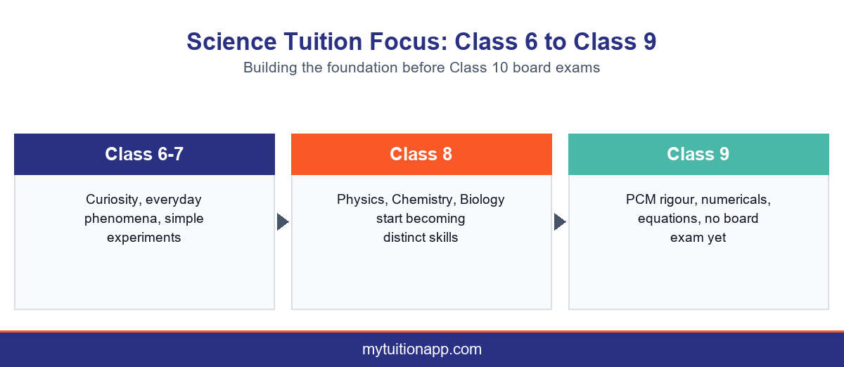 What online science tuition should emphasise at each class level before Class 10.