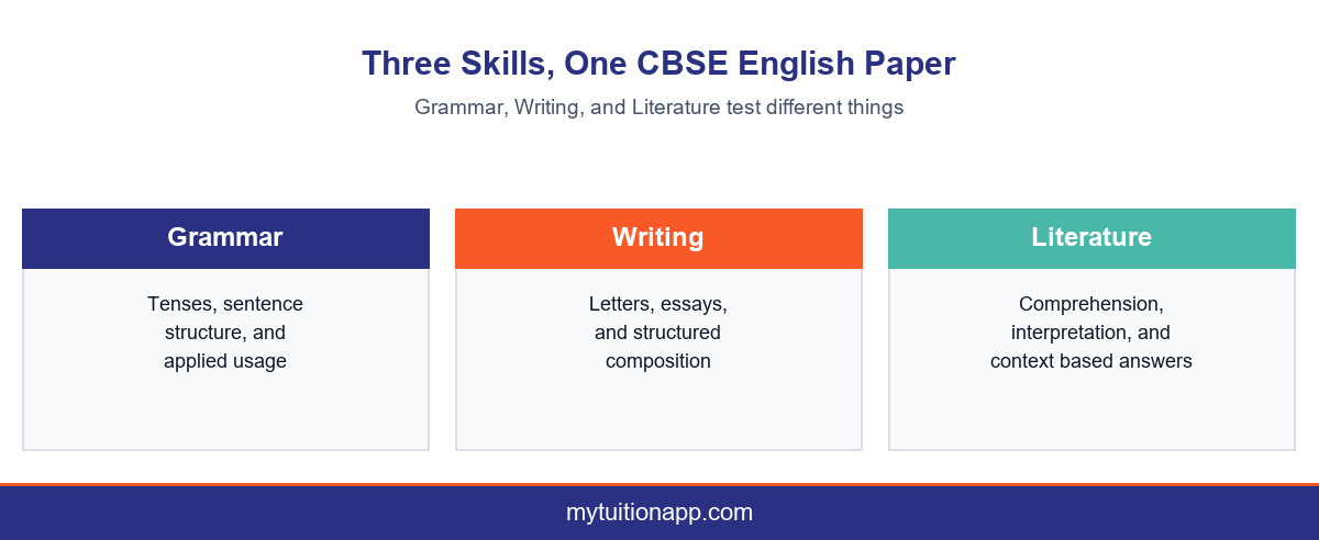 CBSE English tests grammar, writing, and literature as three distinct skills.